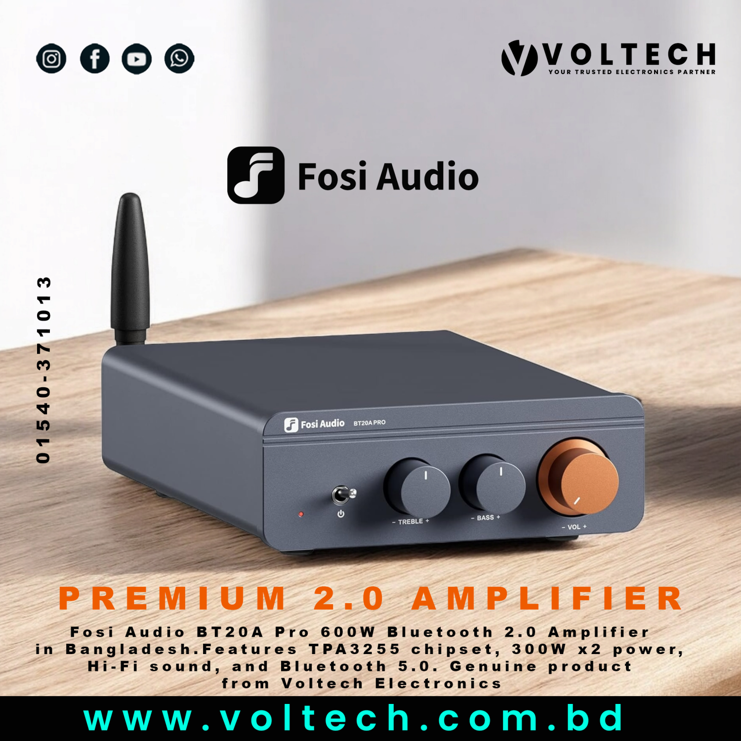 Fosi Audio BT20A Pro 600W Bluetooth Amplifier | TPA3255 Hi-Fi 2.0